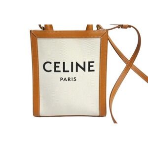 Celine Beige Bag Canvas Vertical Cabas Shoulder Leather